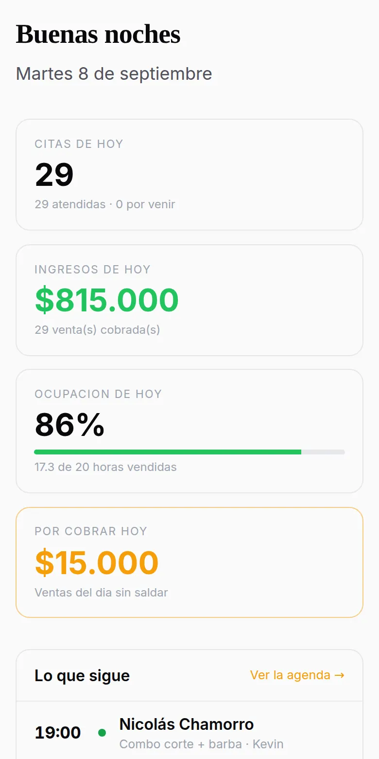 El escritorio en el celular: las citas del día, los ingresos y la ocupación.